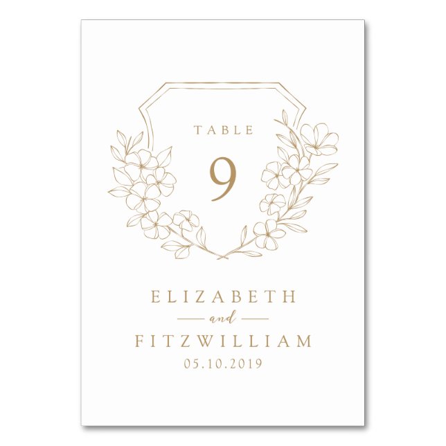 Gold Simple Elegant Cherry Blossom Monogram Crest  Table Number (Front)