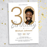 Gold Simple Elegant Photo 30th Birthday Party Invitation<br><div class="desc">Gold Simple Elegant Photo 30th Birthday Party Invitation. Celebrate your milestone birthday in sleek, modern style with our "Minimalist Chic" theme design, where the simplicity of Minimalist elegance meets the allure of Custom Photo personalisation. This simple and chic design allows your custom photo to take centre stage, making your celebration...</div>
