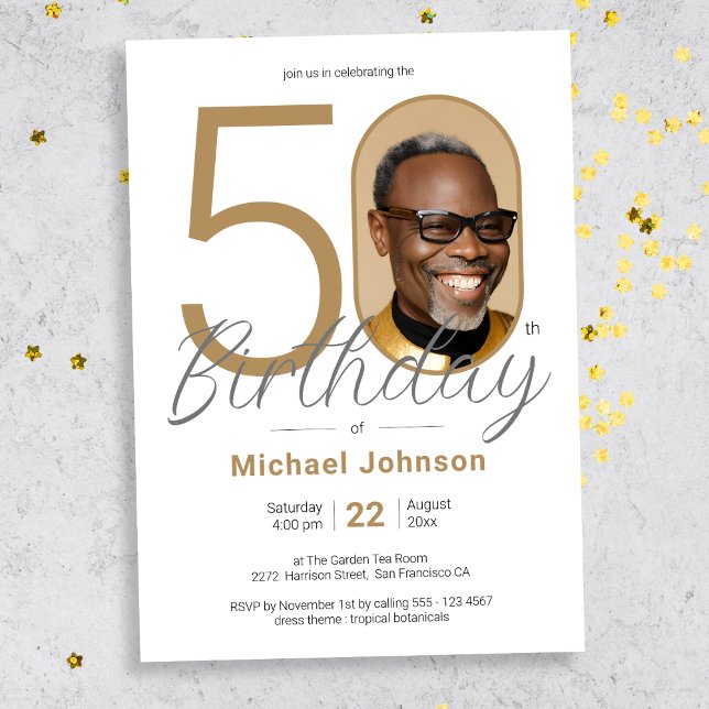 Gold Simple Elegant Photo 50th Birthday Party Invitation (Mockup View)