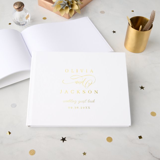 Gold simple elegant romantic script wedding guest book (Front Open)