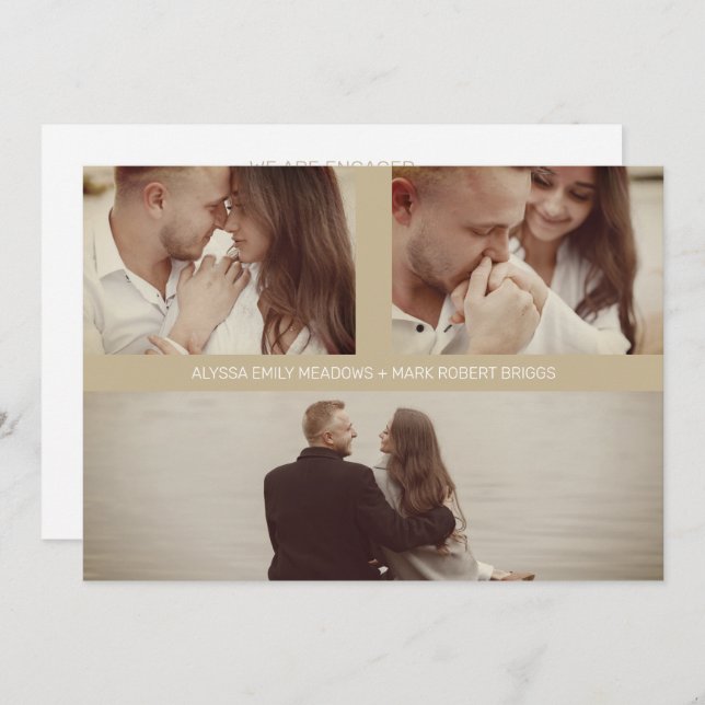 Gold Simple Elegant Three Photos Couple in Loving Save The Date (Front/Back)