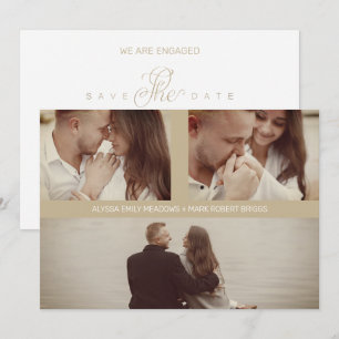 Gold Simple Elegant Three Photos Couple in Loving Save The Date