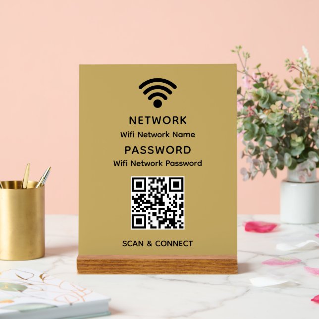 Gold Simple Elegant Wifi QR Code Network Password Acrylic Sign (Wedding)