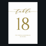 Gold Simple Minimalist Script Wedding Table Number<br><div class="desc">Add an elegant gold and white accent to your event with these customisable table numbers cards. It features a matte gold simple calligraphy script and classic typography. Personalise by adding names, dates and table numbers. This simple script table number card is perfect for weddings, bridal showers, baby showers, and so...</div>