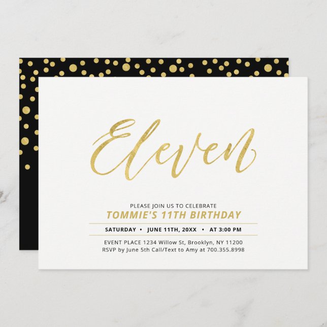 Gold Simple Modern Lettering 11th Birthday Party Invitation (Front/Back)