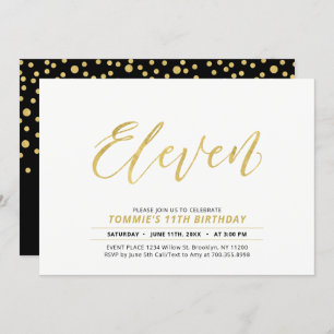 Gold Simple Modern Lettering 11th Birthday Party Invitation