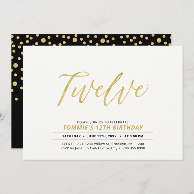 Gold Simple Modern Lettering 12th Birthday Party Invitation (Front/Back)