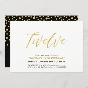 Gold Simple Modern Lettering 12th Birthday Party Invitation