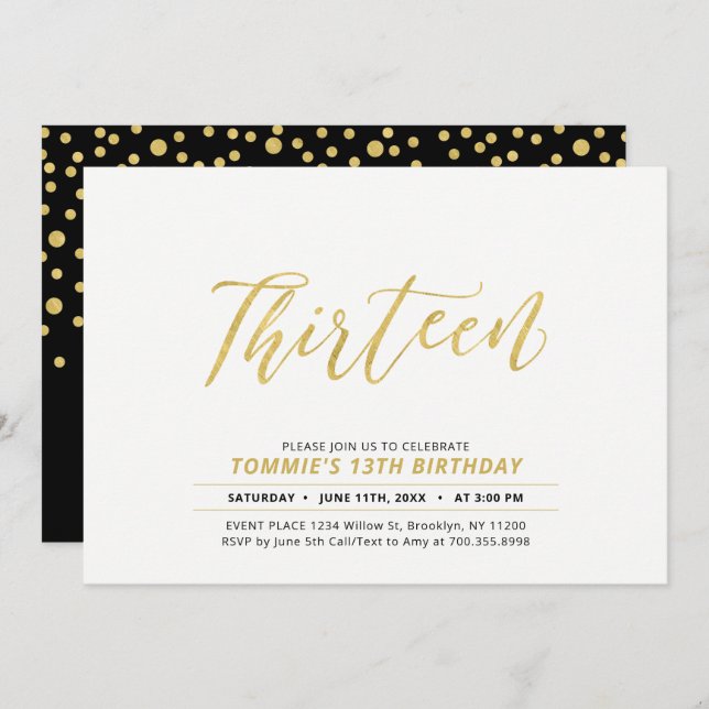 Gold Simple Modern Lettering 13th Birthday Party Invitation (Front/Back)