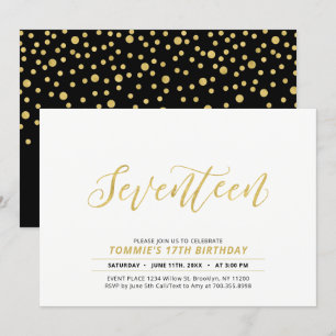 Gold Simple Modern Lettering 17th Birthday Party Invitation