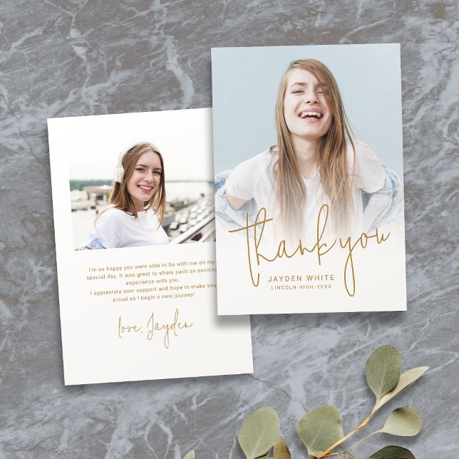 Gold Simple Modern Script 2 Photo Graduation Thank You Card (Gold Simple Modern Script 2 Photo Graduation Thank You Card)