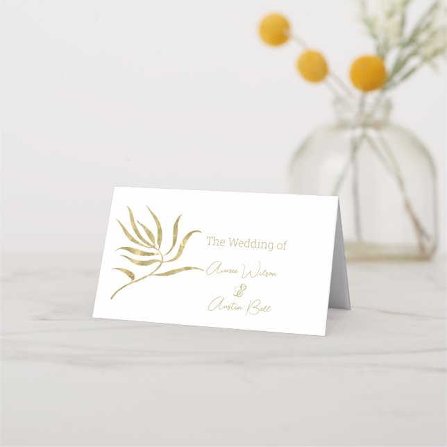 Gold Single Stem Leaf  Name Place Card (Front)