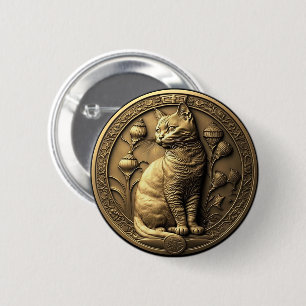 Gold Sitting Cat Medallion 6 Cm Round Badge