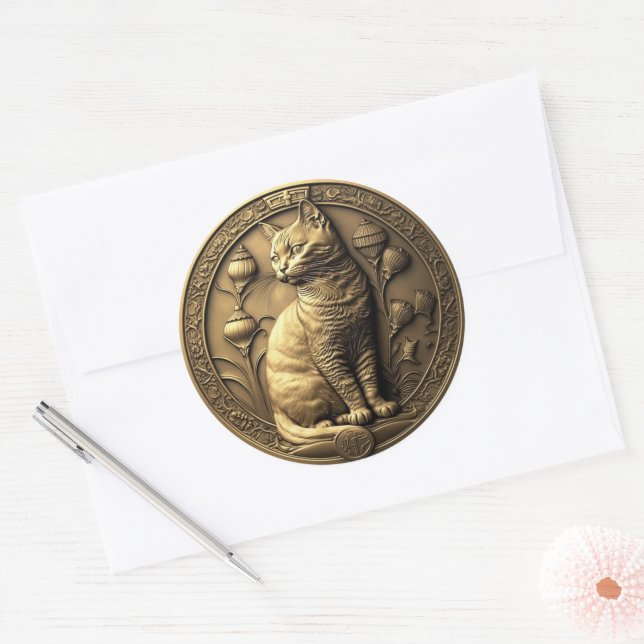 Gold Sitting Cat Medallion Classic Round Sticker (Envelope)