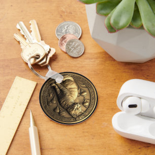 Gold Sitting Cat Medallion Key Ring