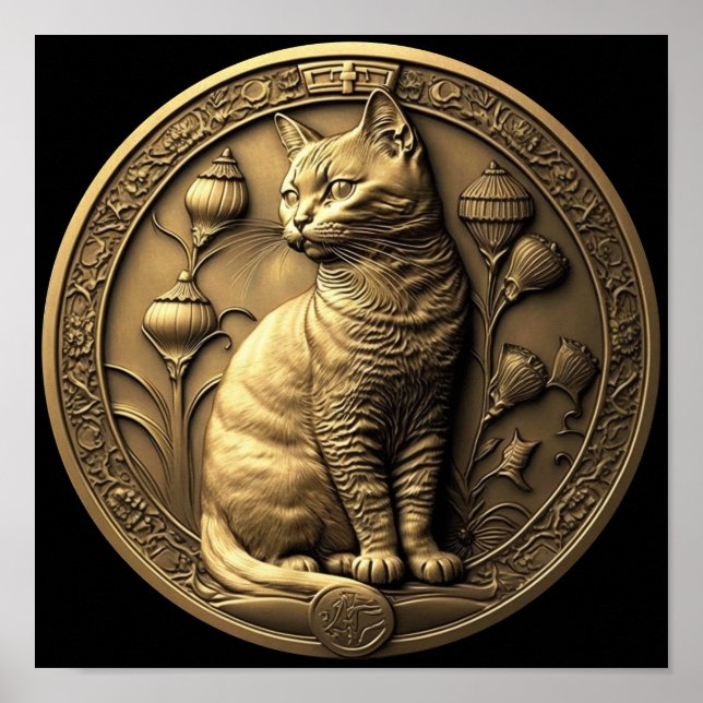 Gold Sitting Cat Medallion Poster (Front)