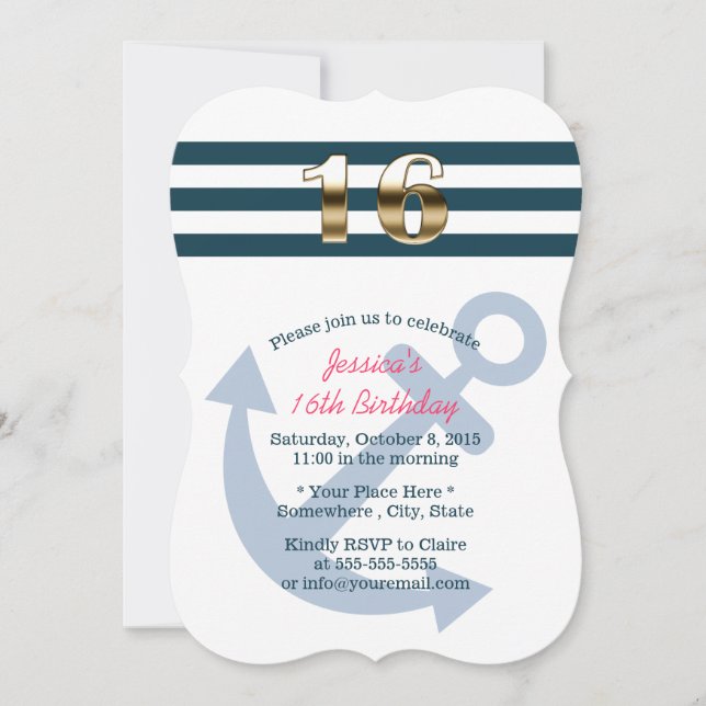 Gold Sixteen Nautical Stripes Sweet 16 Invitation (Front)