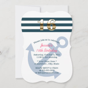 Gold Sixteen Nautical Stripes Sweet 16 Invitation