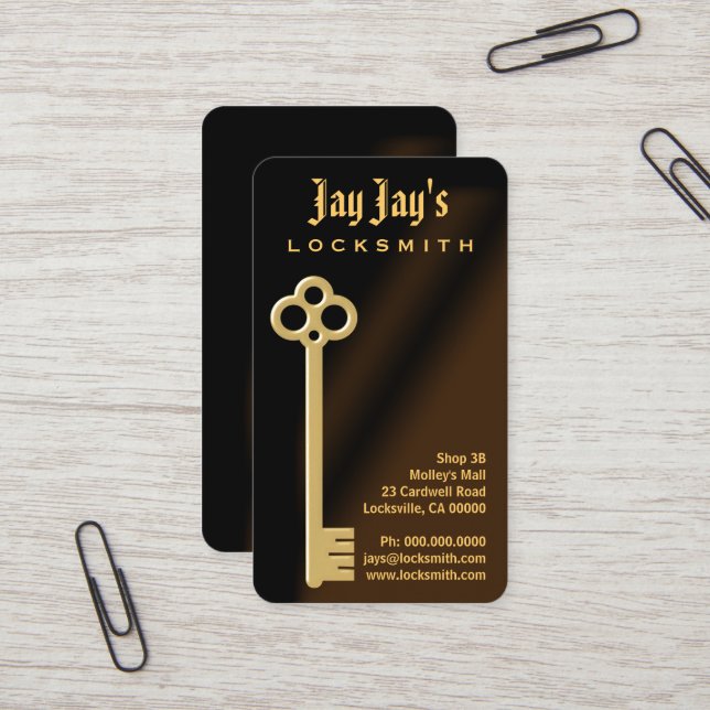 Gold Skeleton Key Vertical Locksmith Business Card (Front/Back In Situ)