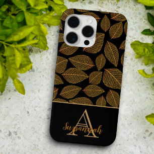Gold Skeleton Leaves on Black Custom Monogram iPhone 15 Pro Max Case