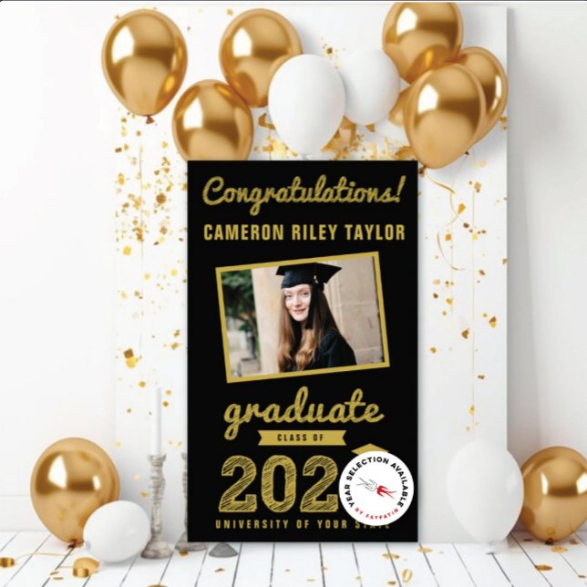 Gold Sketch 2024 Congrats Photo Graduation Party Banner (20YY Gold & Black Sketch One Photo Modern Graduation Party Banner @ www.zazzle.com/color_therapy)