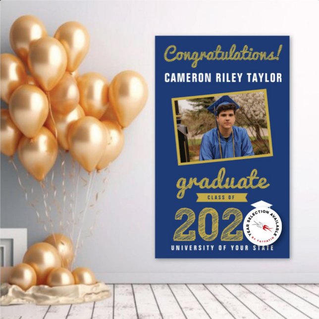 Gold Sketch Class Of 2024 Photo Graduation Party Banner (20YY Gold Sketch On Blue One Photo Modern Graduation Party Banner @ www.zazzle.com/color_therapy)