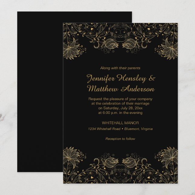 Gold Sketched Flowers on Black Wedding Invitations (Front/Back)