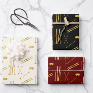Gold Skis And Poles   Holiday Ski Pattern  Wrapping Paper Sheet