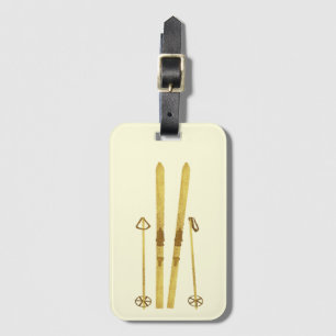 Gold Skis And Poles   Retro Ski Illustration Cream Luggage Tag