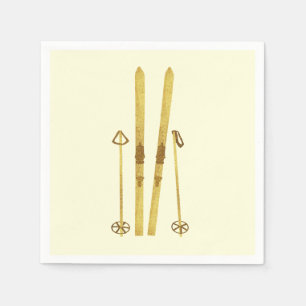 Gold Skis And Poles   Retro Ski Illustration Cream Napkin