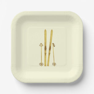 Gold Skis And Poles Retro Ski Illustration Cream Paper Plate