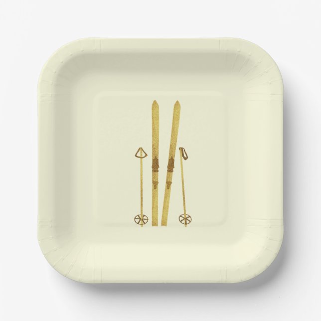 Gold Skis And Poles | Retro Ski Illustration Cream Paper Plate (Front)