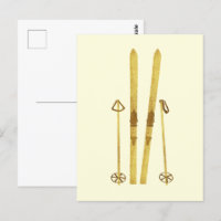 Gold Skis And Poles | Retro Ski Illustration Cream