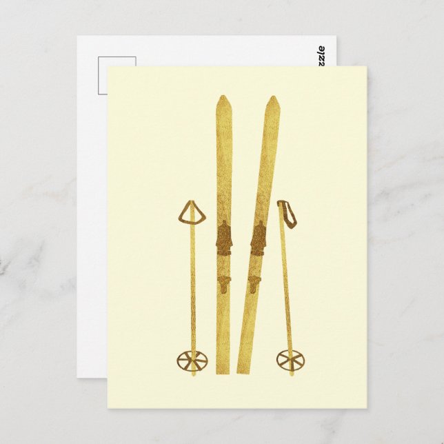 Gold Skis And Poles | Retro Ski Illustration Cream Postcard (Front/Back)