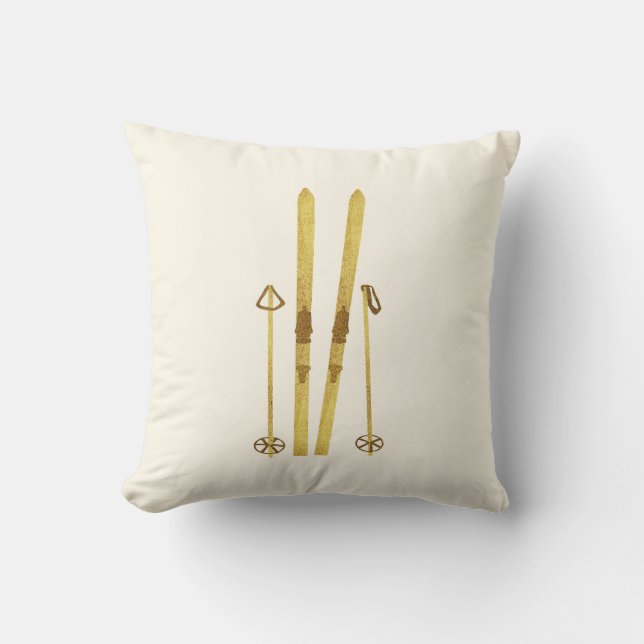 Gold Skis And Poles | Retro Ski Illustration Cushion (Front)