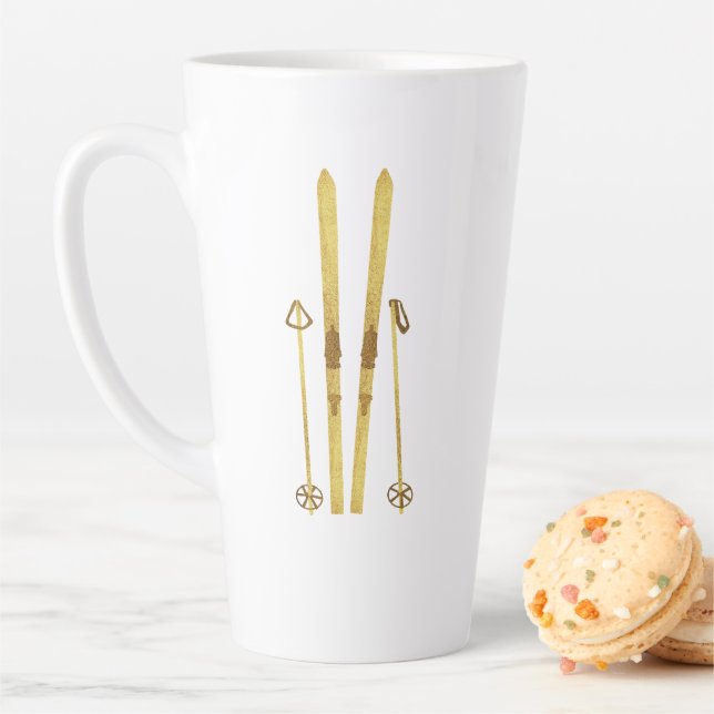 Gold Skis And Poles | Retro Ski Illustration Latte Mug (In Situ)
