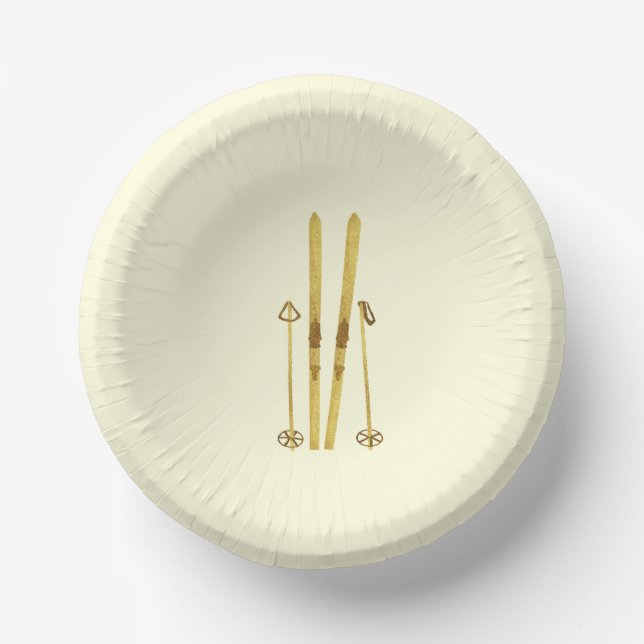 Gold Skis And Poles | Retro Ski Illustration Paper Plate (Front)