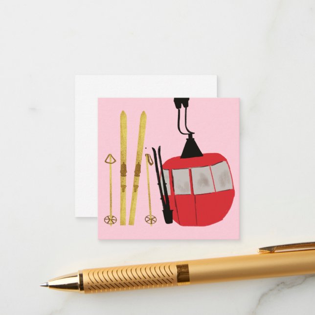 Gold Skis And Poles | Retro Ski Lift Holiday Pink Enclosure Card (Front/Back In Situ)