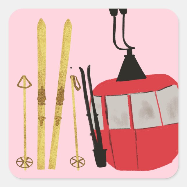 Gold Skis And Poles | Retro Ski Lift Holiday Pink Square Sticker (Front)