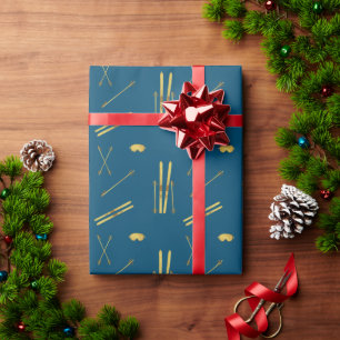 Gold Skis And Poles   Retro Ski Pattern Blue Wrapping Paper