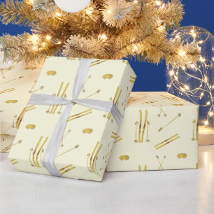 Gold Skis And Poles   Retro Ski Pattern Cream Wrapping Paper