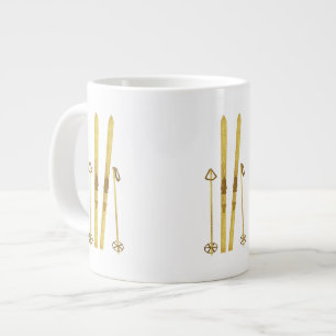 Gold Skis And Poles   Vintage Ski Illustration Large Coffee Mug