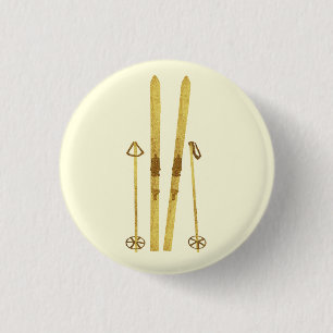 Gold Skis Poles Vintage Ski Illustration Cream 3 Cm Round Badge