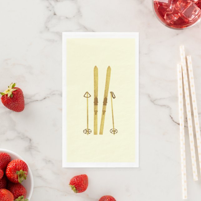 Gold Skis Poles | Vintage Ski Illustration Cream Napkin (Insitu)