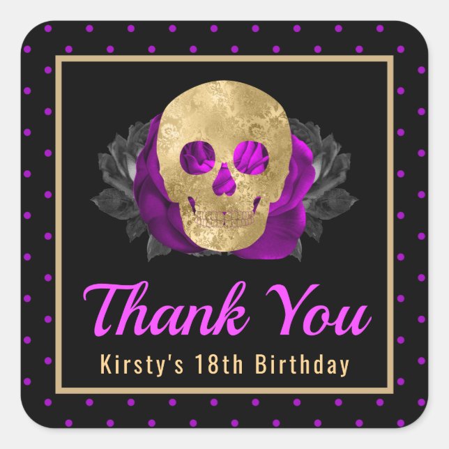Gold Skull Floral Polka Dot Halloween Birthday Square Sticker (Front)