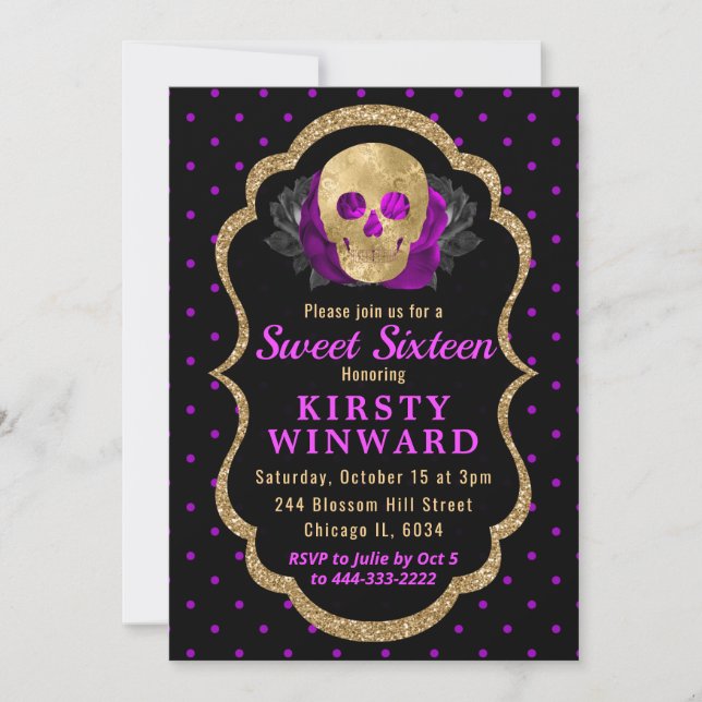 Gold Skull Floral Polka Dot Halloween Sweet 16 Invitation (Front)