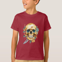 Gold skull with a knife and a flower