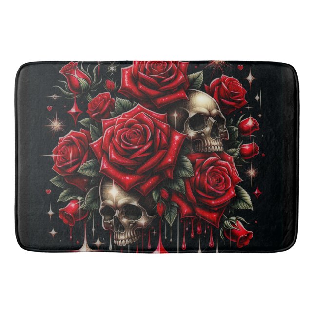 Gold Skulls & Red Roses Sparkle Gothic Glamour Bath Mat (Front)