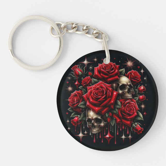 Gold Skulls & Red Roses Sparkle Gothic Glamour Key Ring (Front)