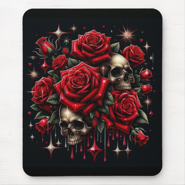 Gold Skulls & Red Roses Sparkle Gothic Glamour Mouse Pad (Front)